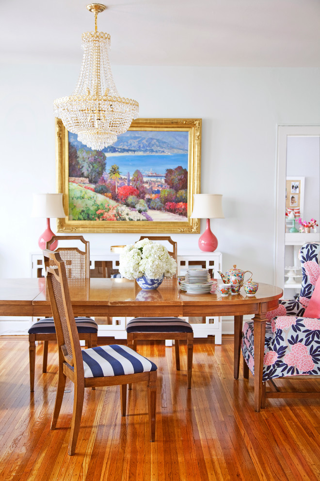Photo of an eclectic dining room in Philadelphia with white walls and medium hardwood floors.