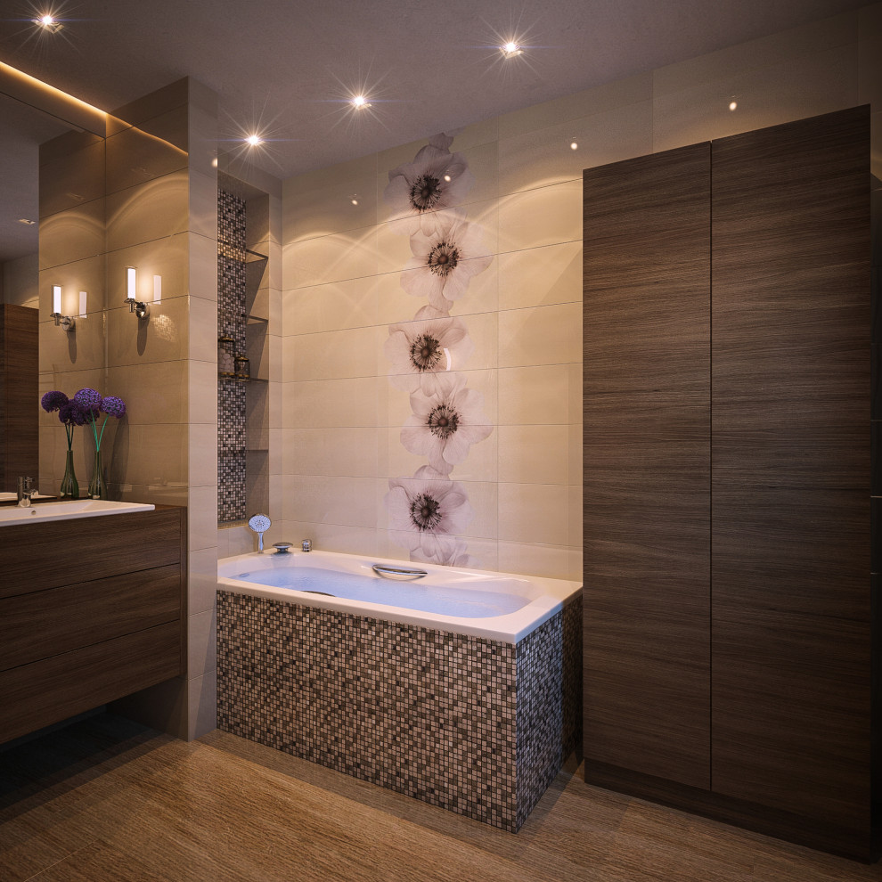 Inspiration för mellanstora moderna badrum, med beige skåp, ett hörnbadkar, en hörndusch, beige kakel, keramikplattor, beige väggar och brunt golv