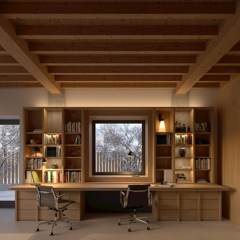 Immagine di un grande studio stile rurale con libreria, pavimento in cemento, scrivania incassata e pavimento beige
