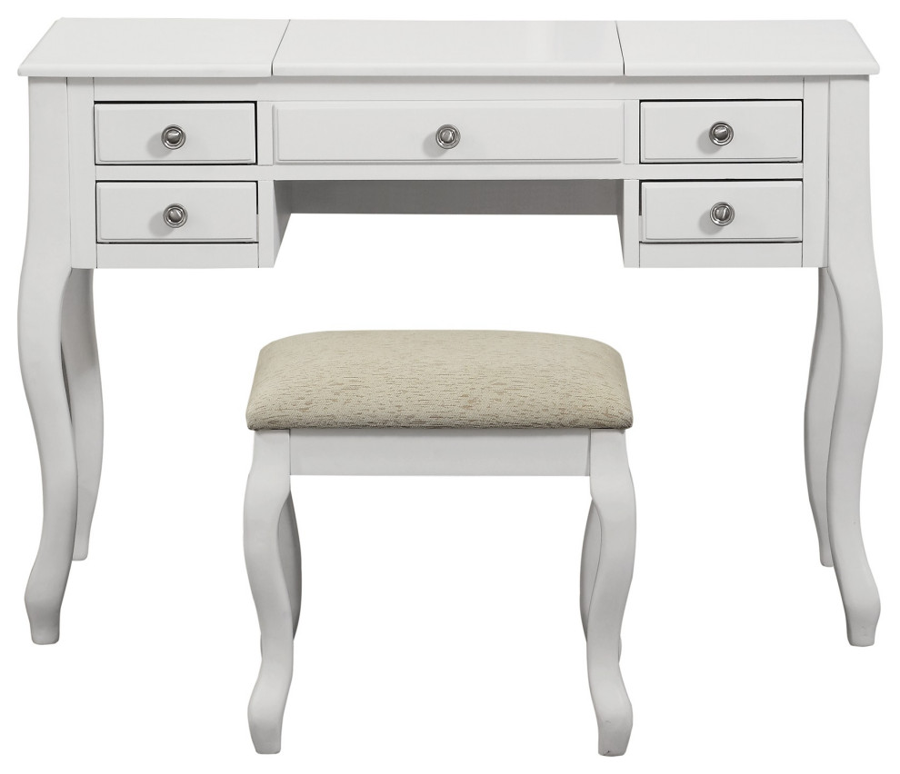Flip Up Mirror Vanity Set With Stool, White Traditional Bedroom