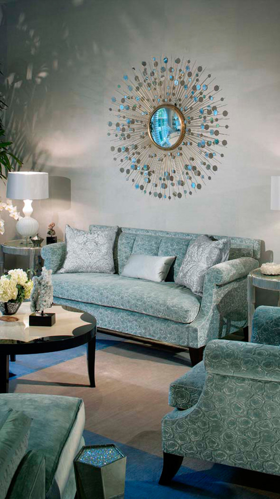 Large transitional formal open concept living room in Orange County with grey walls and turquoise floor.