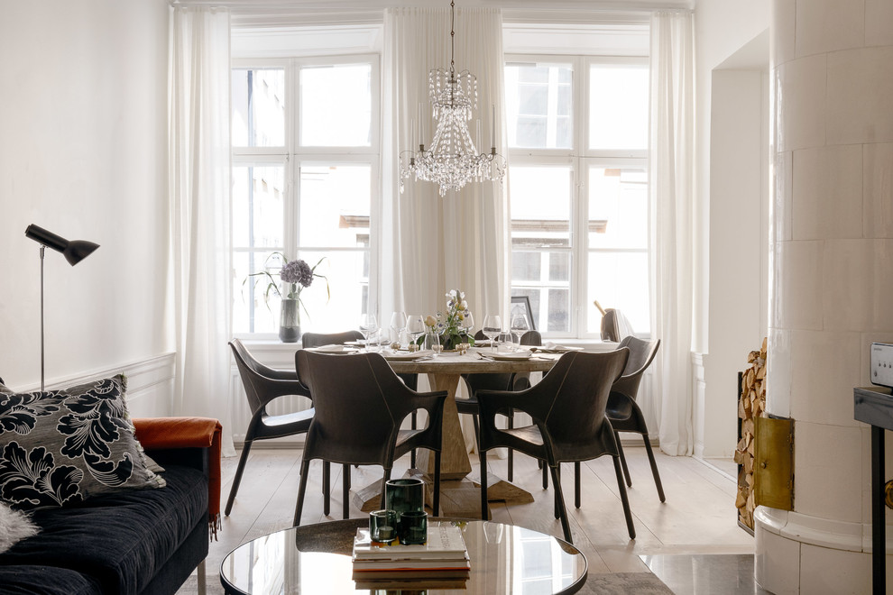 Photo of a mid-sized traditional dining room in Stockholm with white walls, painted wood floors and no fireplace.