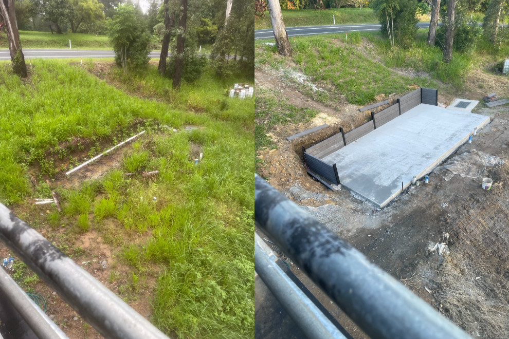 Concrete slab and retaining wall before and after