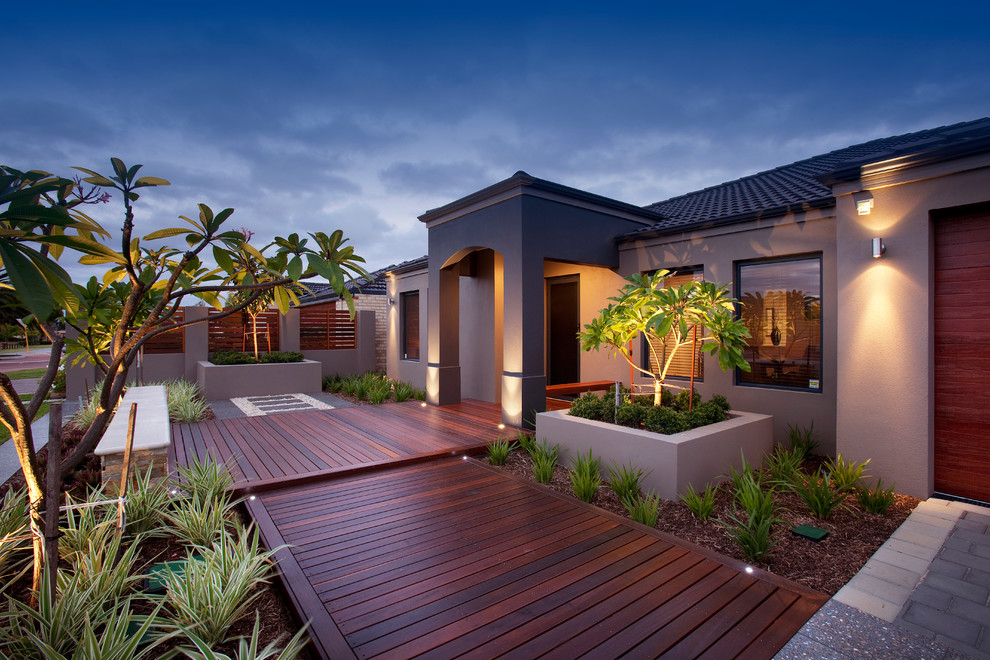 Inspiration for a modern front yard full sun garden in Perth with a garden path and decking.