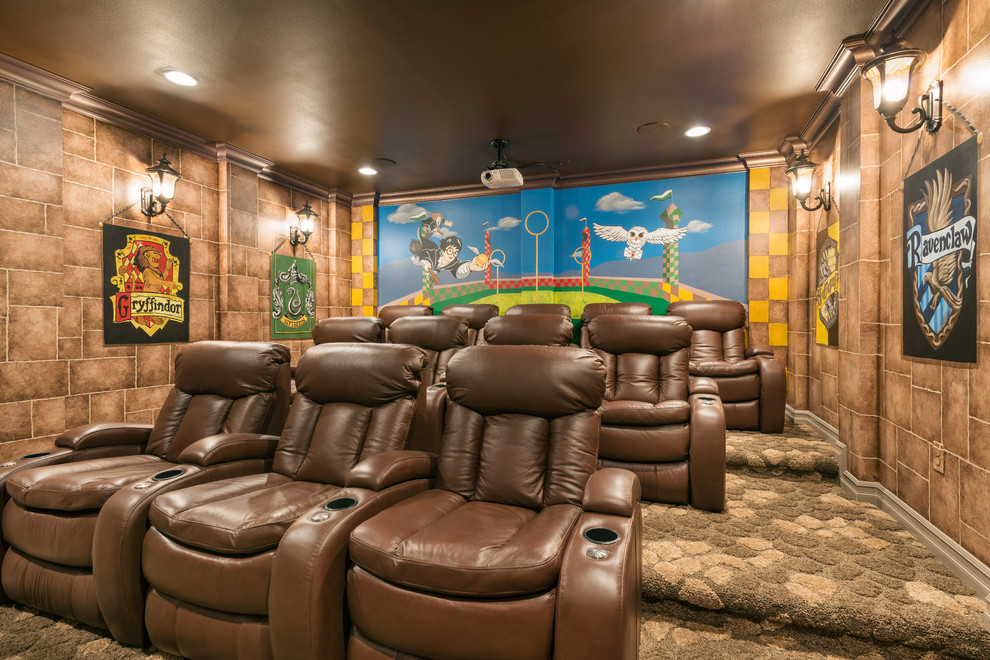 This is an example of a mediterranean enclosed home theatre in Orlando with brown walls, carpet, a projector screen and brown floor.
