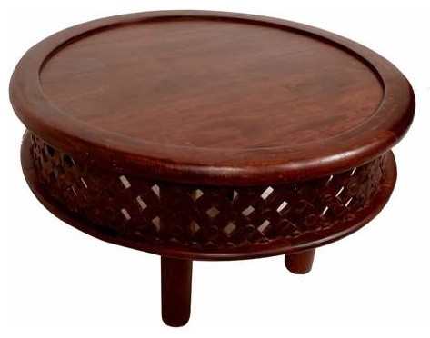 Modern Coffee Table With Solid Mango, Round Dark Brown Mango Wood Coffee Table