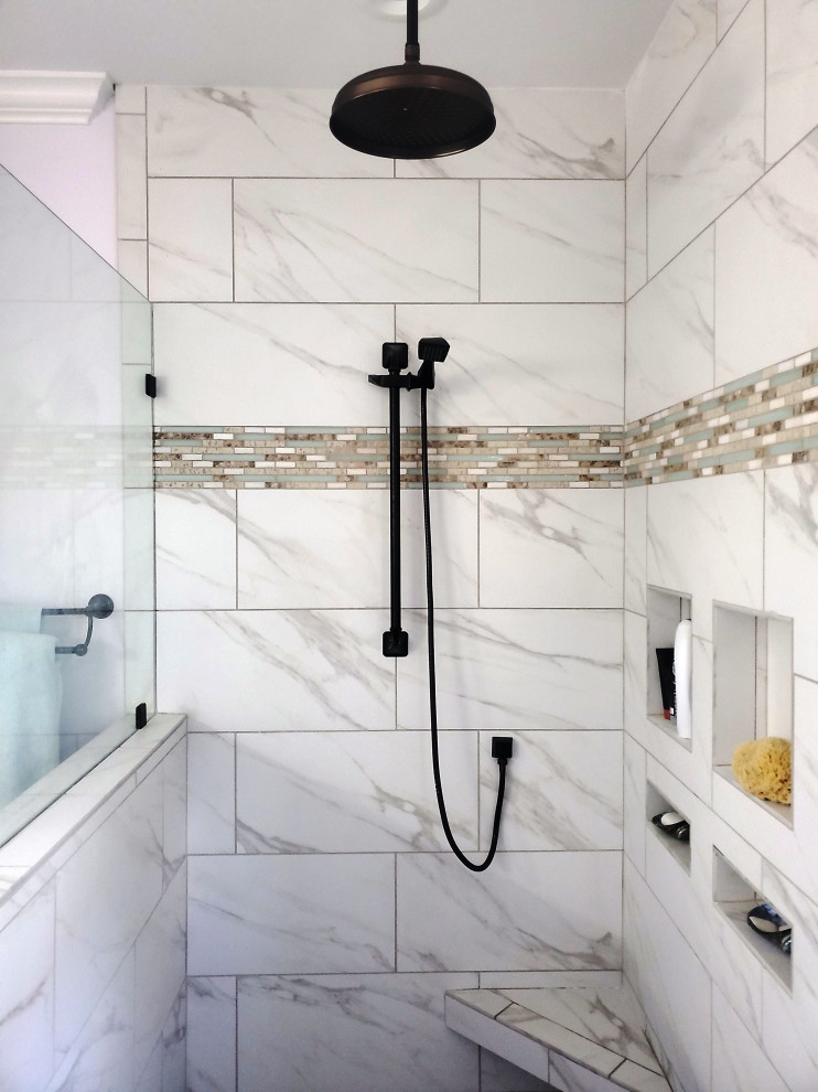 This is an example of a mid-sized modern master bathroom in Wilmington with raised-panel cabinets, grey cabinets, an alcove shower, a one-piece toilet, porcelain tile, purple walls, ceramic floors, a vessel sink, granite benchtops, an open shower, grey benchtops, a shower seat and a double vanity.