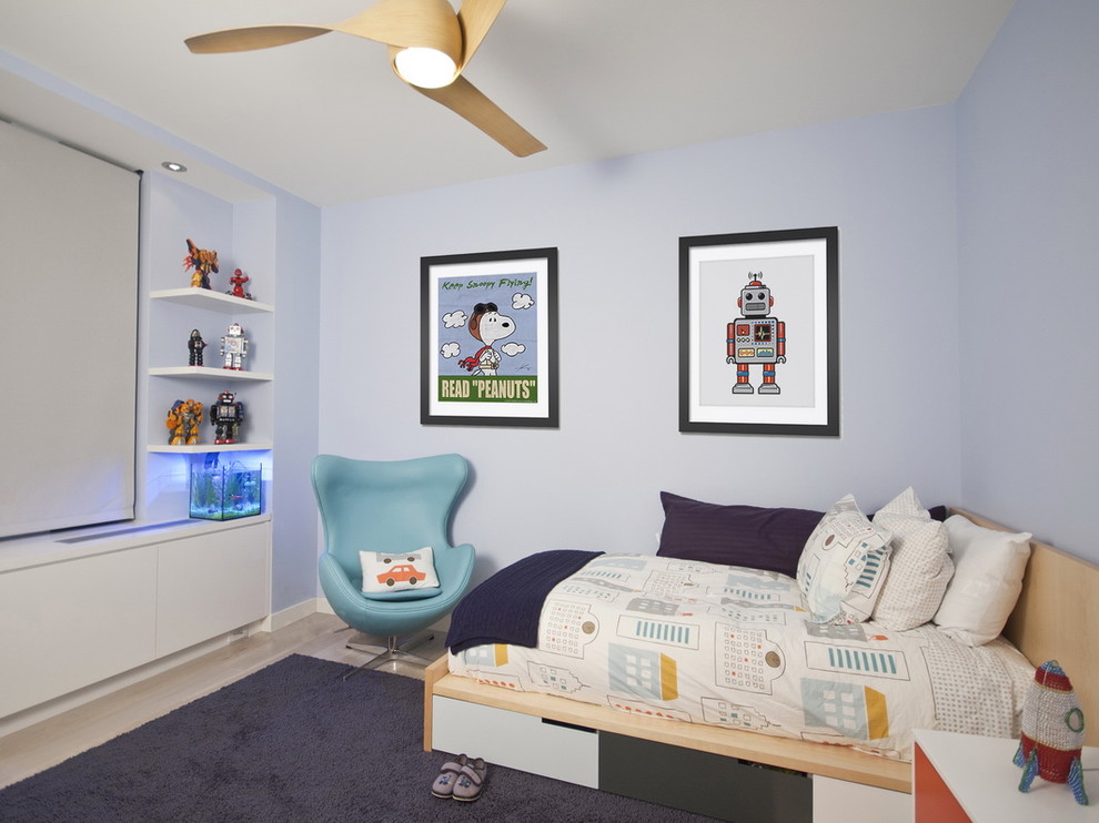 Design ideas for a modern kids' room in New York with purple walls.