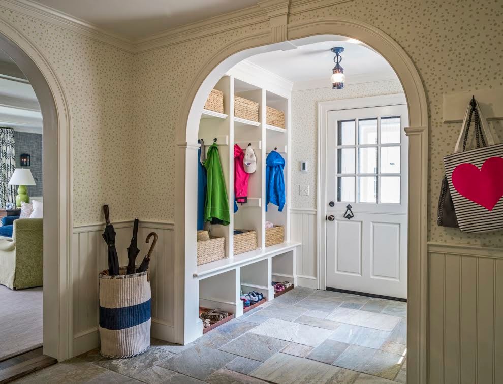 Photo of a large traditional mudroom in Boston with multi-coloured walls, slate floors, a dutch front door and a white front door.