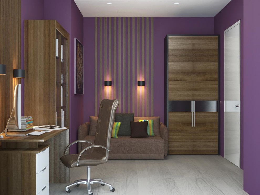 Design ideas for a mid-sized home office in Moscow with a library, purple walls, light hardwood floors, a freestanding desk and white floor.