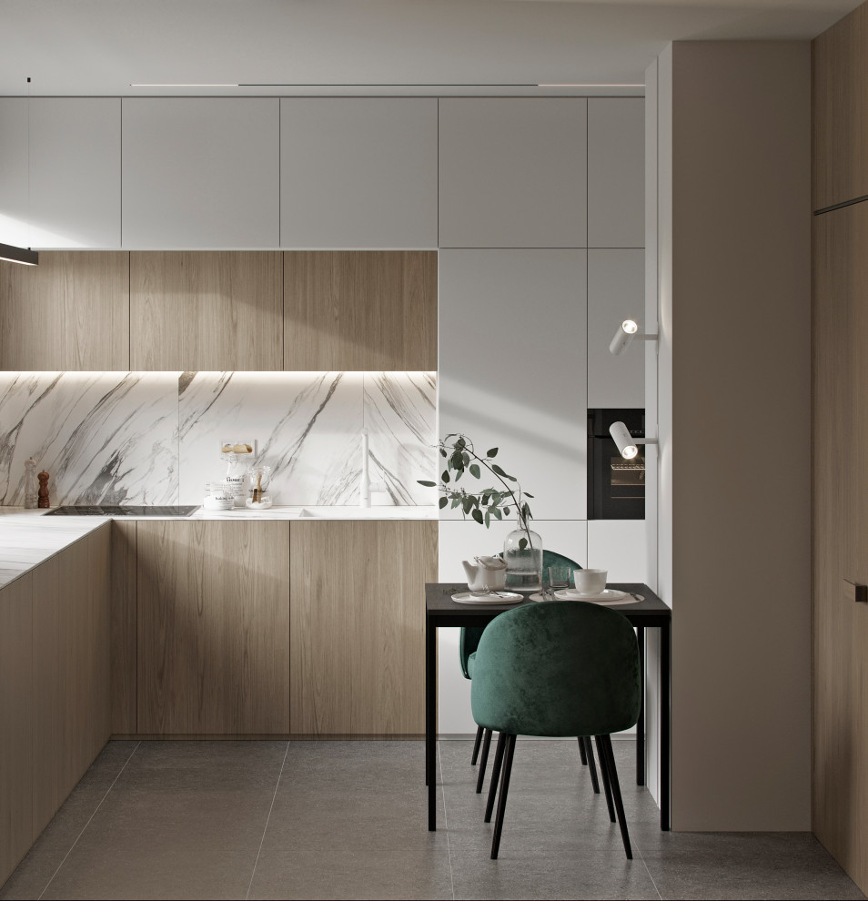 Immagine di una piccola cucina a L moderna chiusa con lavello integrato, ante lisce, ante in legno scuro, top in marmo, pavimento in gres porcellanato, pavimento grigio e top bianco