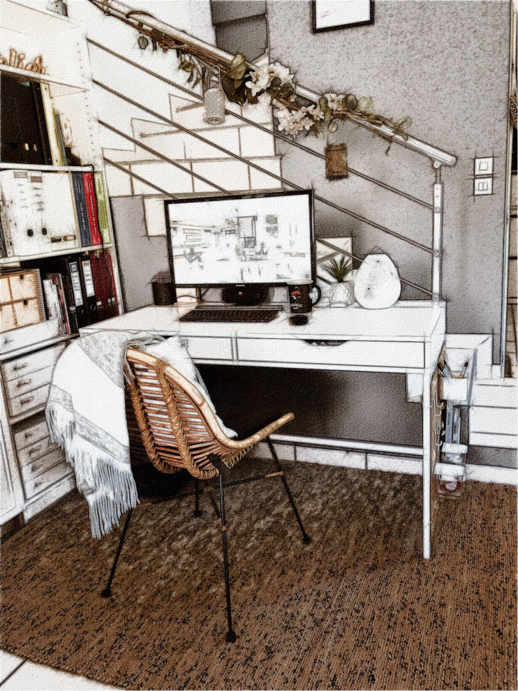 Inspiration för små minimalistiska hemmabibliotek, med blå väggar, ett fristående skrivbord och vitt golv