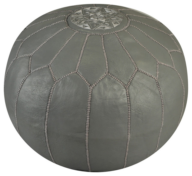 Moroccan Leather Pouf, Grey