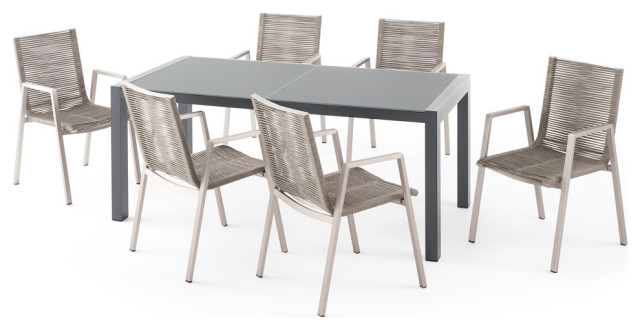 Kerman Outdoor Modern 6 Seater Aluminum Dining Set With Tempered Glass Table Top Beach Style Sets By Gdfstudio Houzz Kerman Outdoor Modern 6 Seater Aluminum, Glass Top Outdoor Dining Table For 6