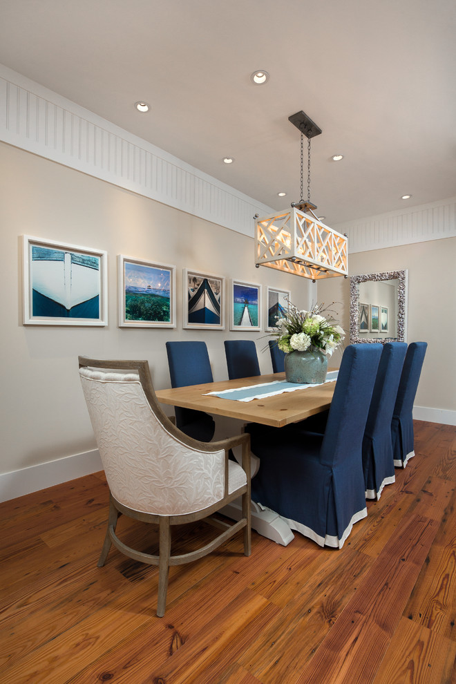 Inspiration for a beach style dining room in Miami with beige walls, medium hardwood floors and no fireplace.