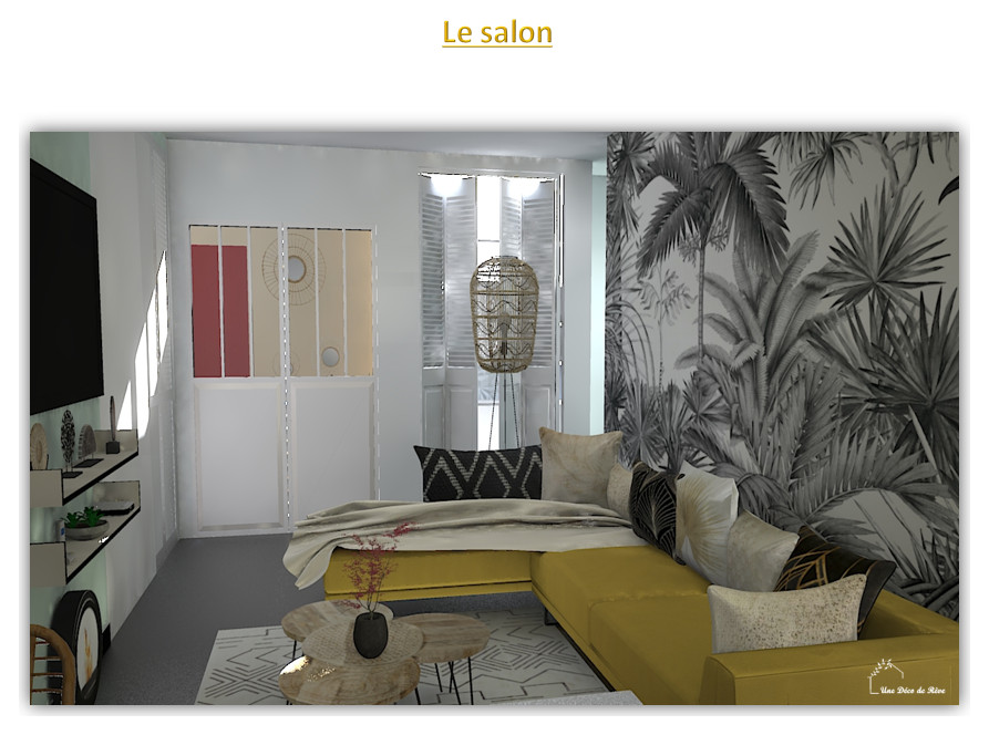 Cette photo montre un salon exotique de taille moyenne et ouvert avec un mur blanc, un téléviseur fixé au mur, un sol beige et du papier peint.