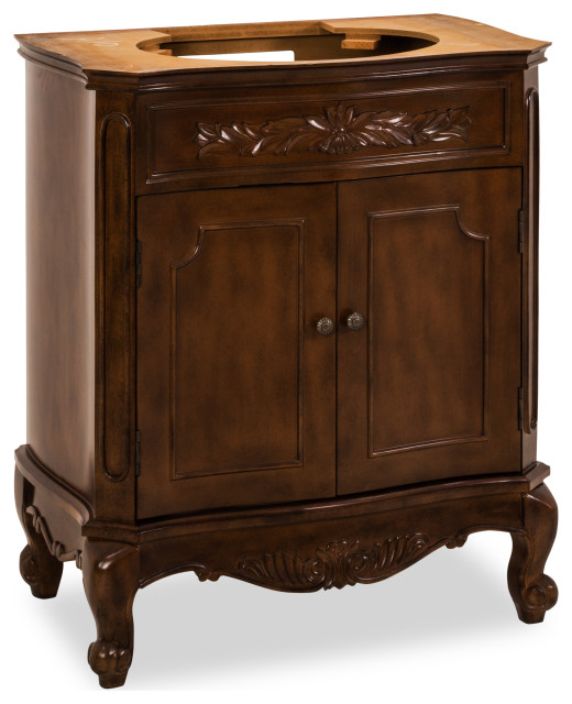 29" Nutmeg Vanity Base, Antique Brass Hardware, French Scrolled Legs