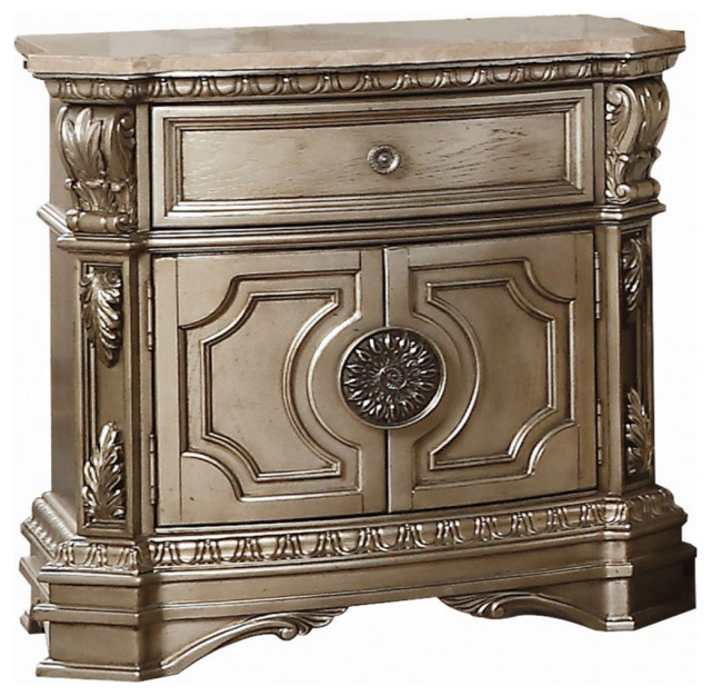 Marble Top Nightstand with a Drawer, Antique Champagne Victorian