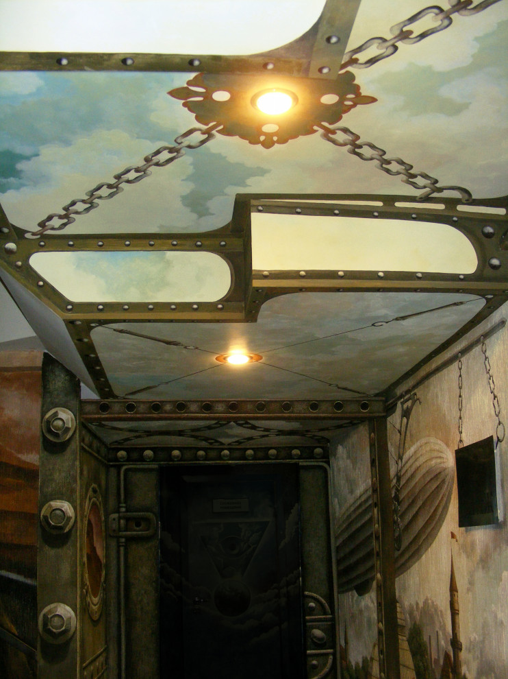 Imagen de escalera recta de tamaño medio con escalones de acrílico, contrahuellas de hormigón, barandilla de metal y ladrillo