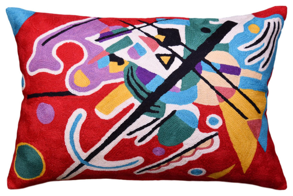 Lumbar Decorative Pillow Cover Red Kandinsky Elements Hand Embroidered Wool 14x20