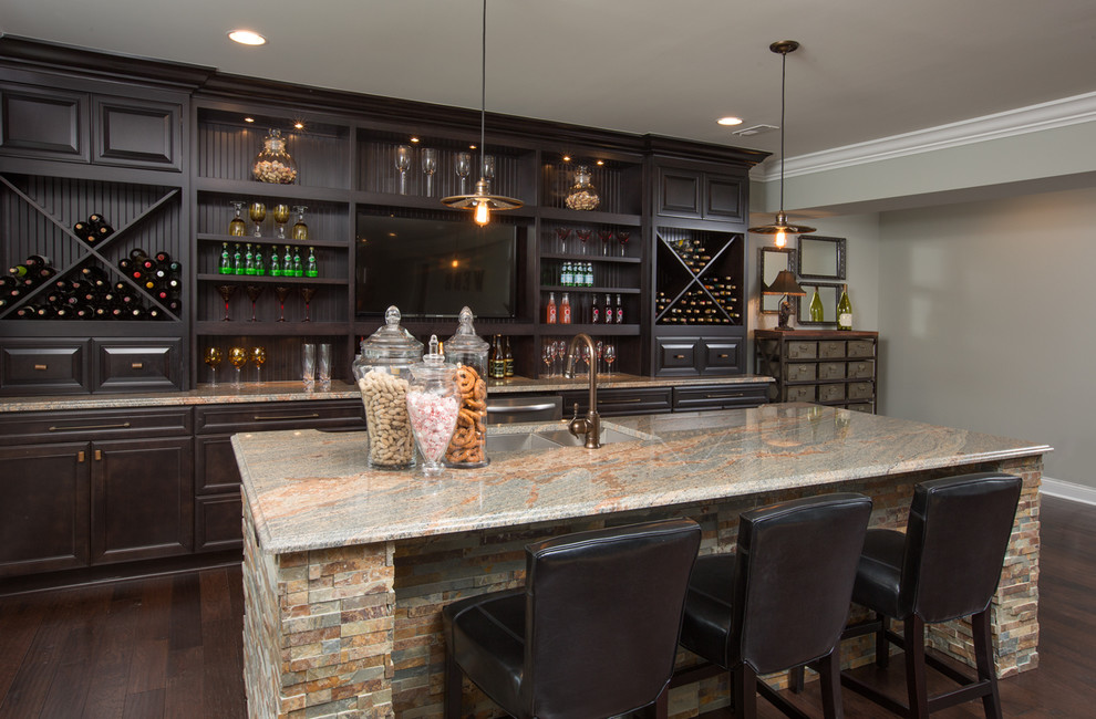 Mid-sized transitional walk-out dark wood floor basement photo in Columbus with gray walls