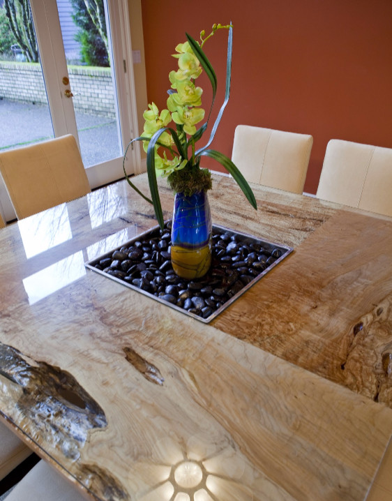 Burl Dining Table with Glass Top / Walnut Base