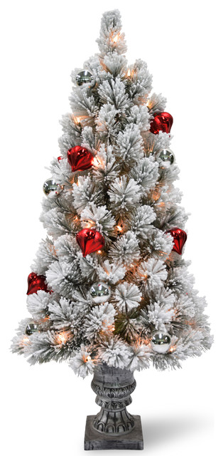 4 Snowy Bristle Pine Entrance Tree With Red And Silver Ornaments 4 Snowy Bristle Pine Entrance Tree