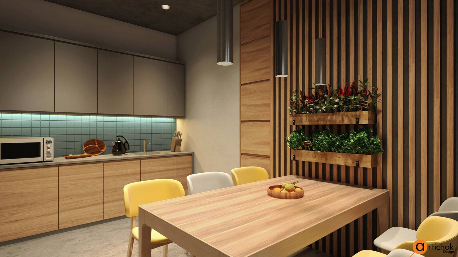 Корпоративная кухня – обилие натурального дерева, стиль лофт