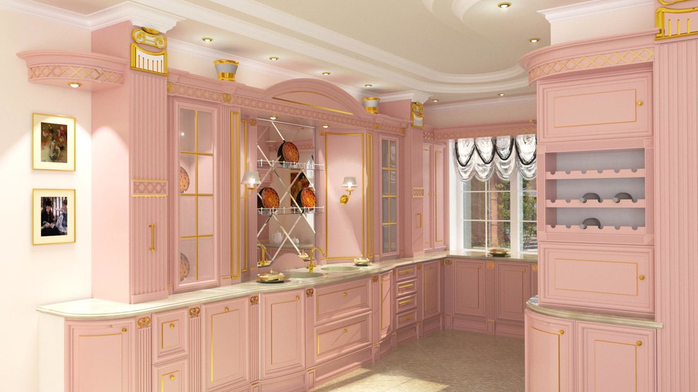 Дизайн-проект роскошной классической кухни-столовой в пастельных тонах.