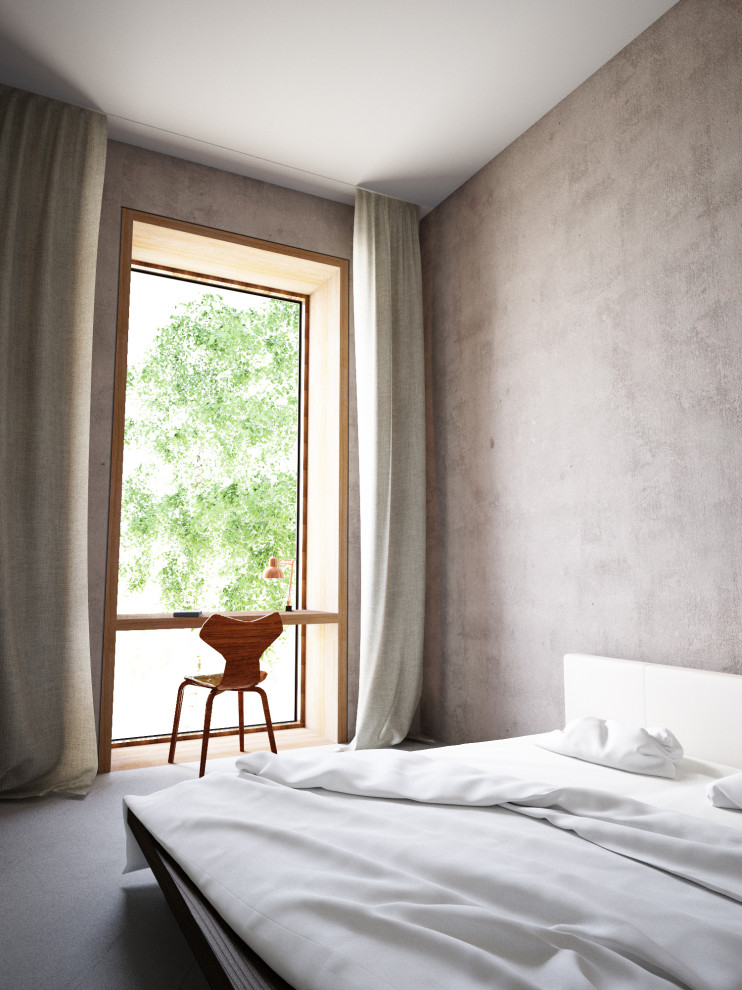 Imagen de dormitorio principal y blanco escandinavo con paredes beige, suelo de cemento, suelo gris y papel pintado