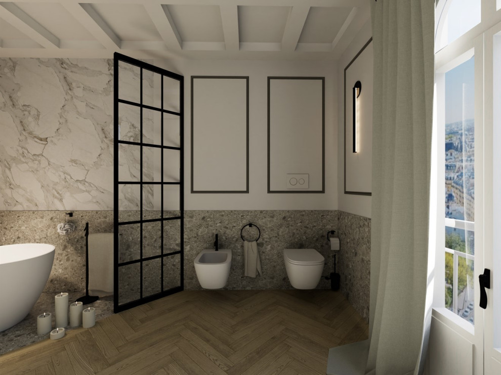Пример оригинального дизайна: большая главная ванная комната в современном стиле с плоскими фасадами, бежевыми фасадами, отдельно стоящей ванной, инсталляцией, серой плиткой, керамогранитной плиткой, белыми стенами, полом из керамогранита, накладной раковиной, столешницей из ламината, бежевым полом, бежевой столешницей, тумбой под одну раковину, подвесной тумбой, кессонным потолком и панелями на стенах