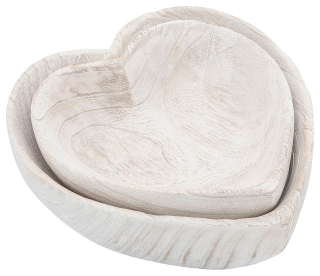 Wood 2-Piece Set Heart Bowls, White