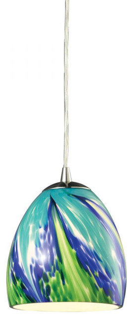 Colorwave Mini Pendant, 1-Light, Satin Nickel, Multicolor Tropics Glass, 6"W