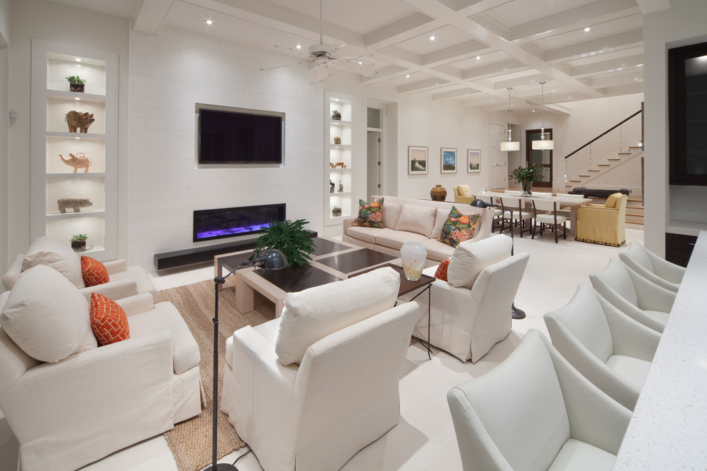 Design ideas for a contemporary open concept living room in Orlando with a ribbon fireplace and a wall-mounted tv.