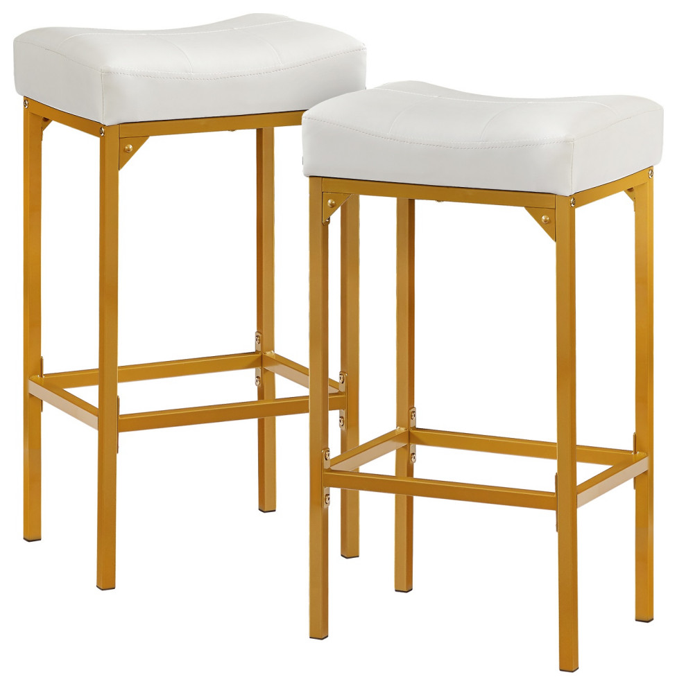 Modern Bar Stools, Set of 2, White/Golden Contemporary Bar Stools