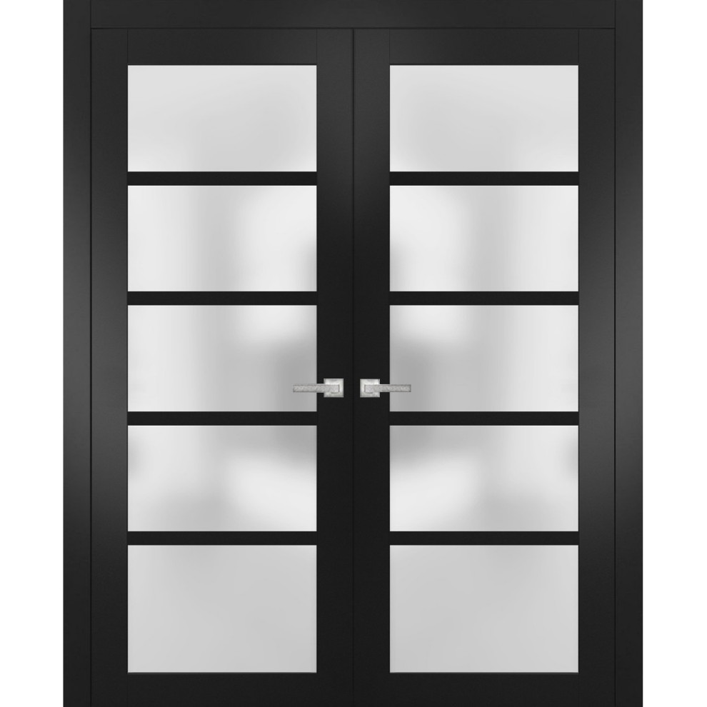 Solid French Double Doors 36 x 96 Frosted Glass, Quadro 4002 Matte Black