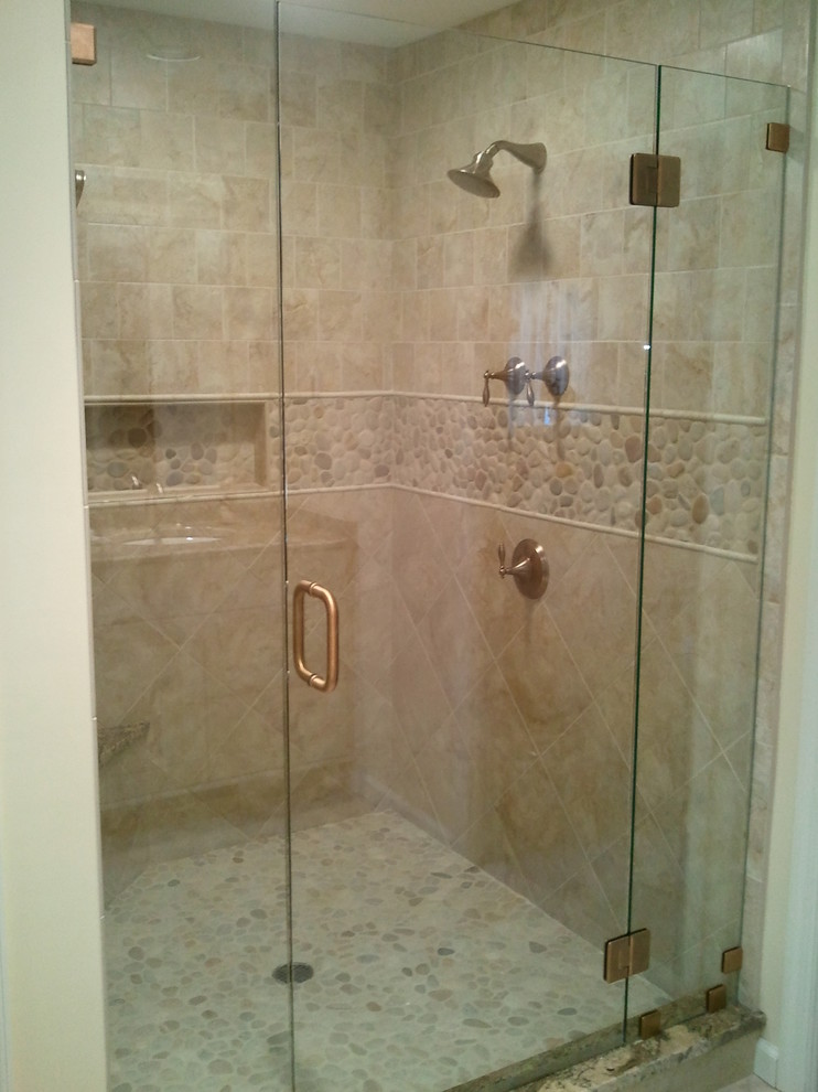 Transitional master beige tile and ceramic tile ceramic tile alcove shower photo with an undermount sink, raised-panel cabinets, white cabinets, granite countertops, an undermount tub and beige walls