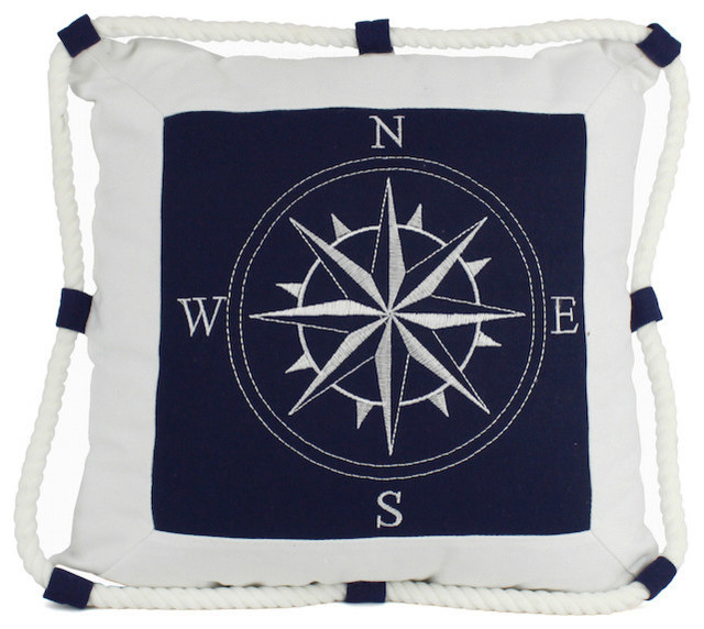 Decorative Throw Pillow, Blue Compass With Nautical Rope, 16"