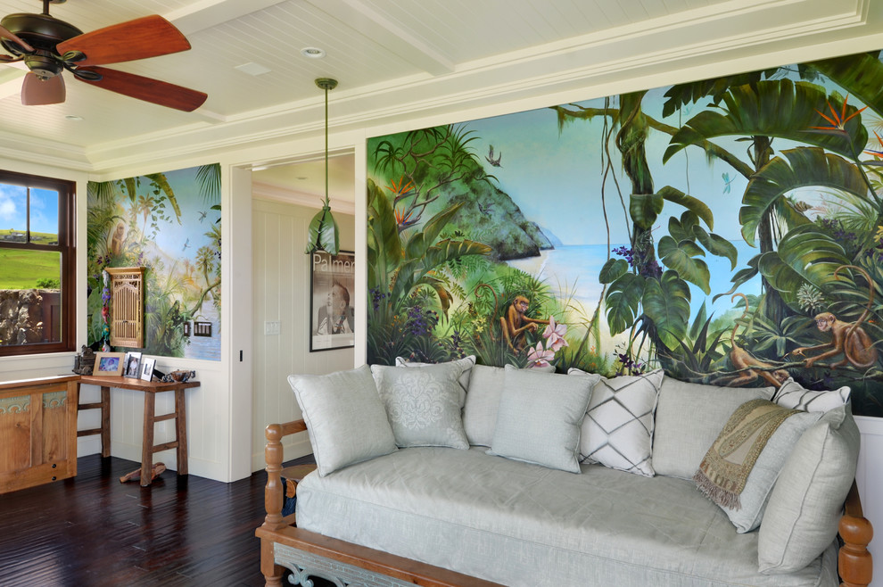 Design ideas for a tropical hallway in Hawaii with dark hardwood floors and white walls.