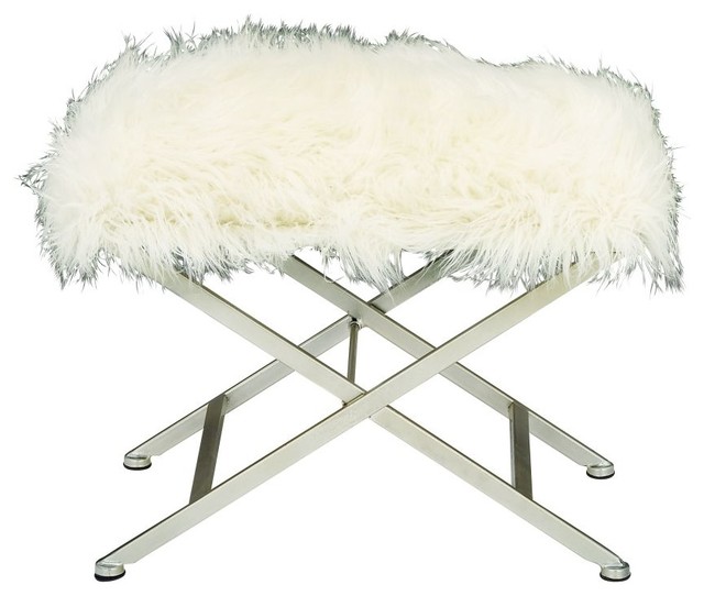 25"x20" Metal White Fur Stool Contemporary Vanity Stools And