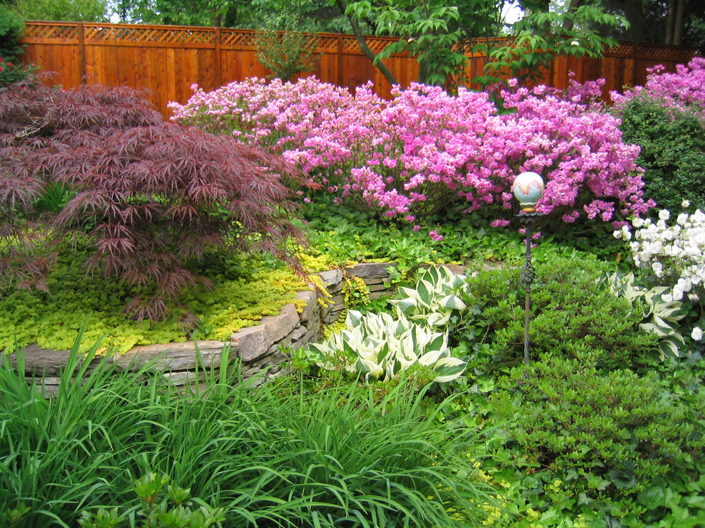 Inspiration for a mid-sized backyard partial sun garden in DC Metro with a retaining wall and mulch.
