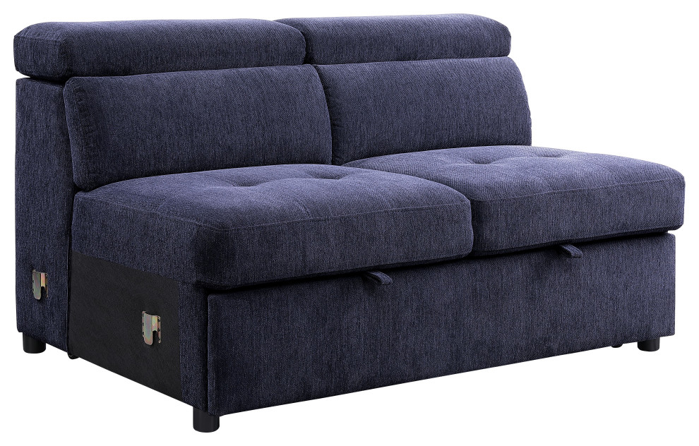 ACME Nekoda Fabric Sleeper Sectional Sofa with Storage and Ottoman in Navy Blue