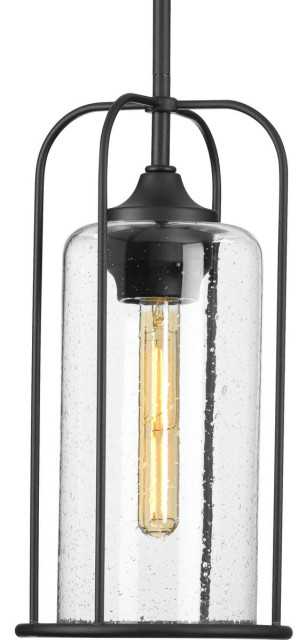 Watch Hill 1-Light Textured Black Clear Seeded Glass Farmhouse Pendant Lantern