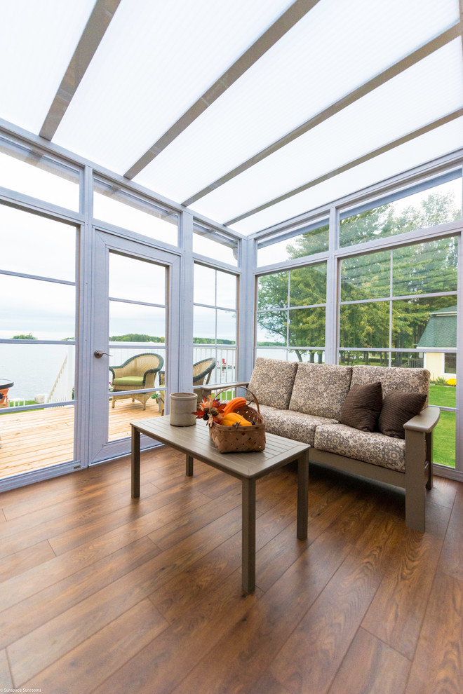 Inspiration for a mid-sized transitional sunroom in Other with medium hardwood floors, no fireplace, a skylight and brown floor.