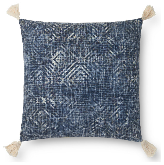 Blue 22"x22" Embroidered Pillow With Tassels Contemporary