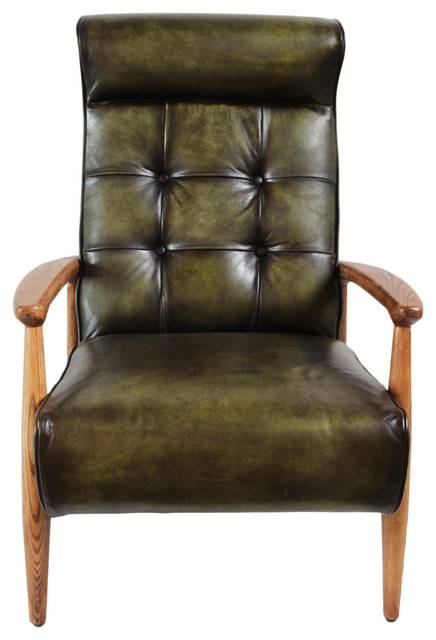 Green Leather And Oak Club Chair, Green Leather Club Chair