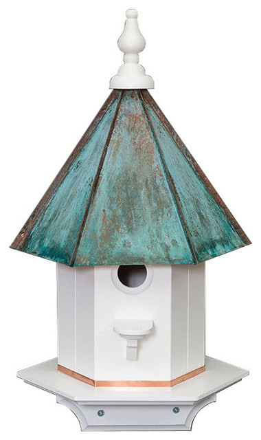 LARGE Post Mounted 1-Hole Vinyl Birdhouse With Copper Patina Roof