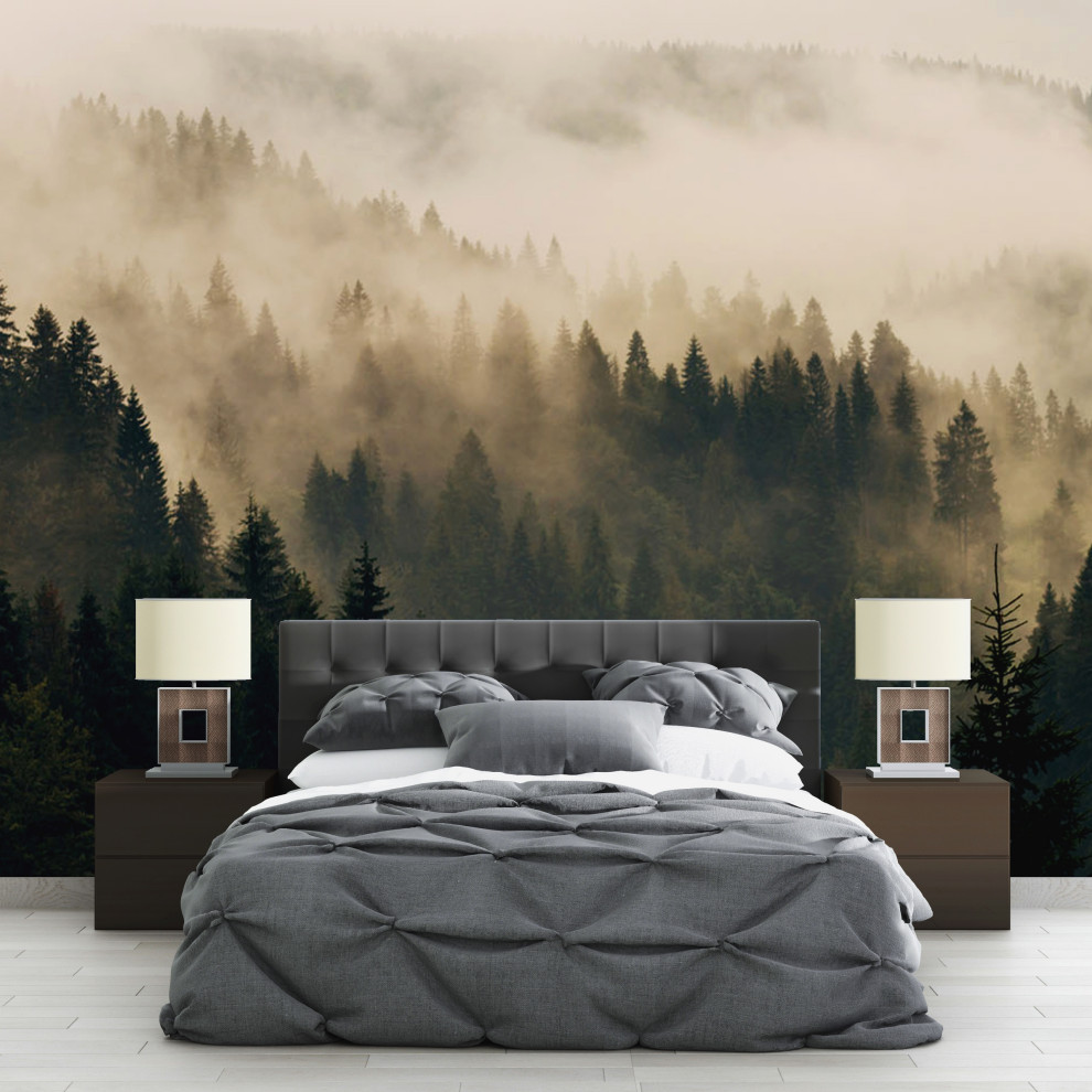Modelo de dormitorio escandinavo con papel pintado