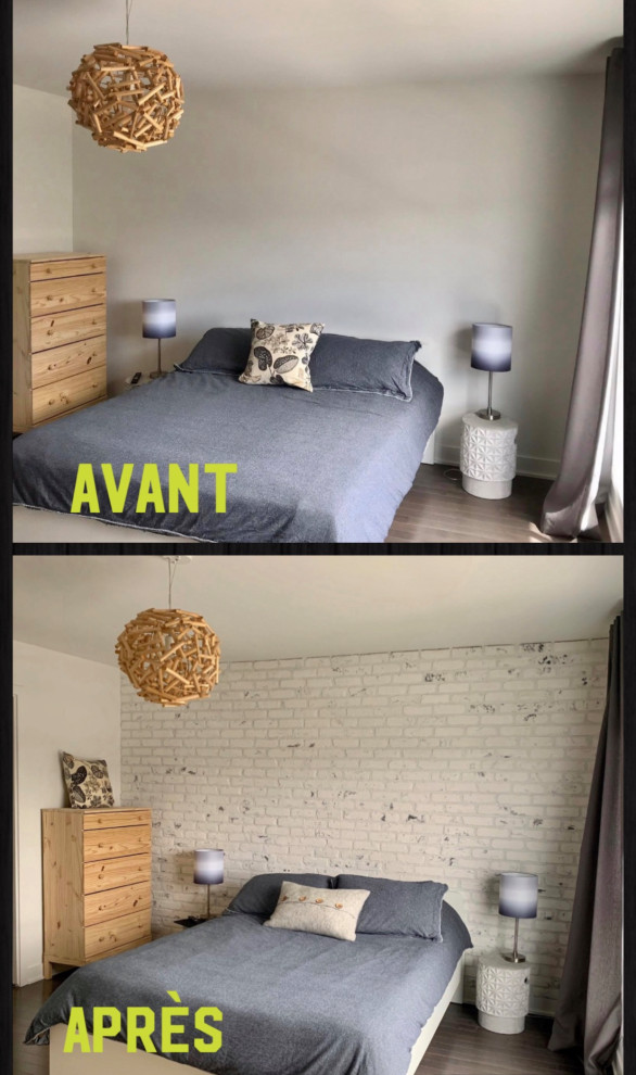 This is an example of a country bedroom in Montreal with white walls and brick walls.