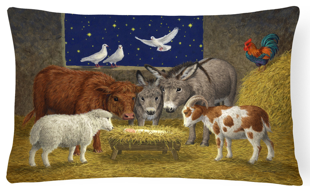 Animals At Crib Nativity Christmas Scene Fabric Decorative Pillow